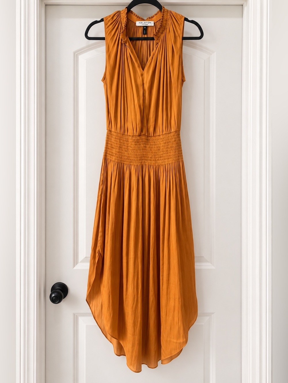 Halston Heritage XS Mustard Gold Pleated Midi Dress Smocked Waist
